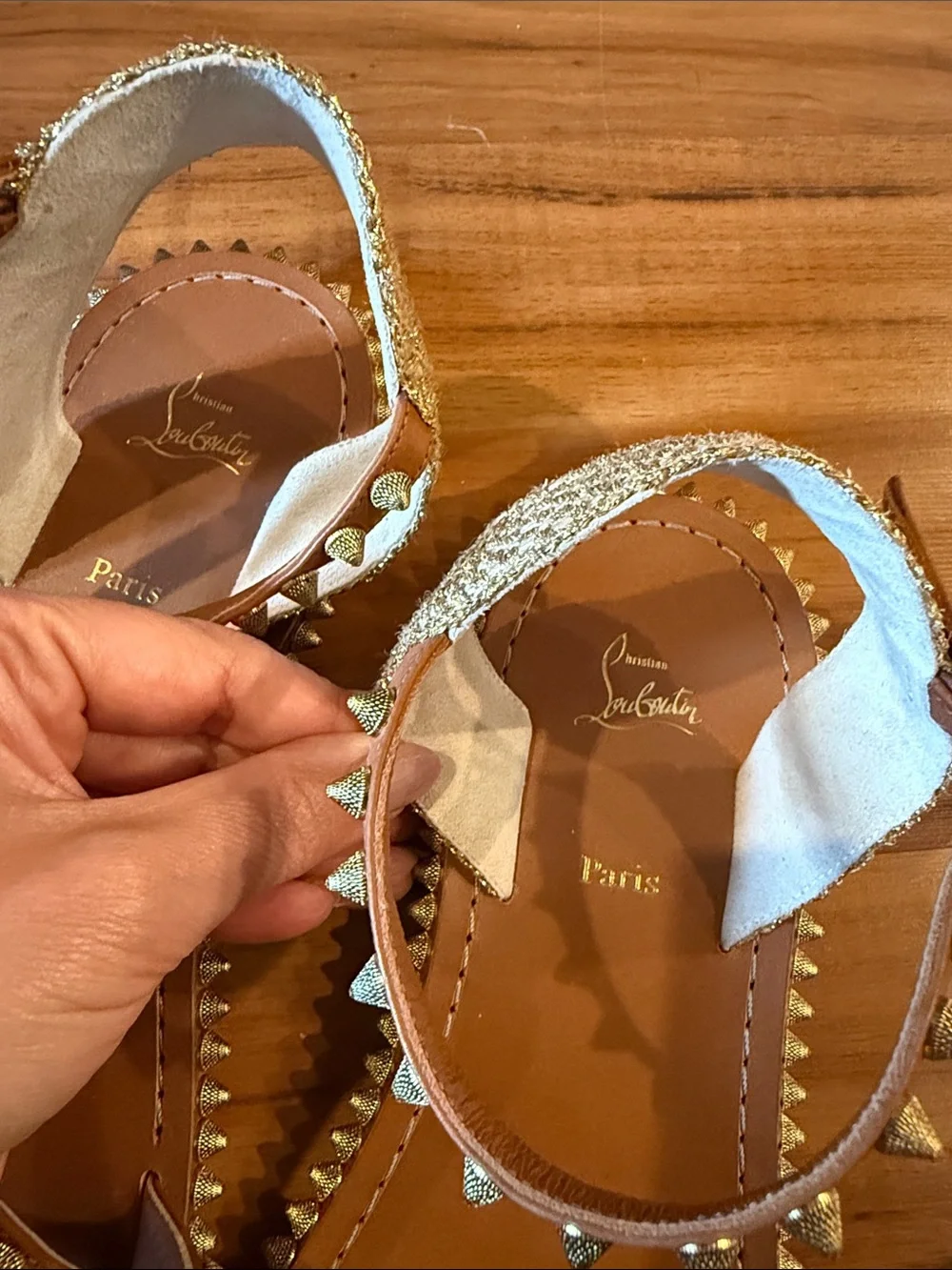 Christian Louboutin Brown Leather Studded Flat Sandals with Gold Spikes size 40
